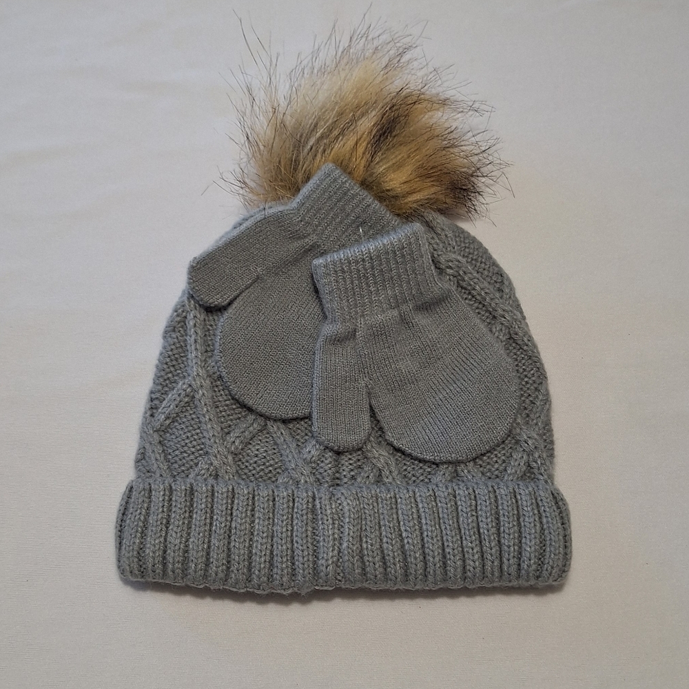 Starting Out Gray Knit Hat and Mittens with Faux Fur Pom